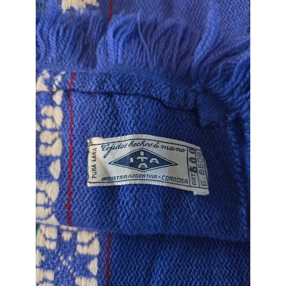Vintage 60s 70s Artisan Hand Knit Southwestern Argentinian Poncho Bohemian Blue - Picture 4 of 9